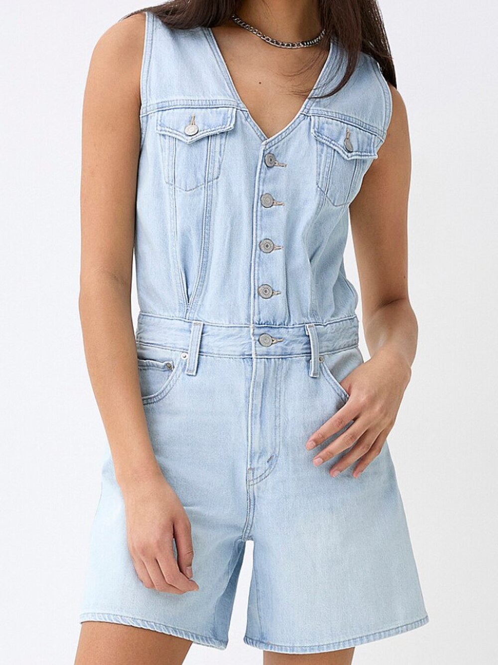 Levi's Denim Light Wash Faded Shortalls Overall Shorts